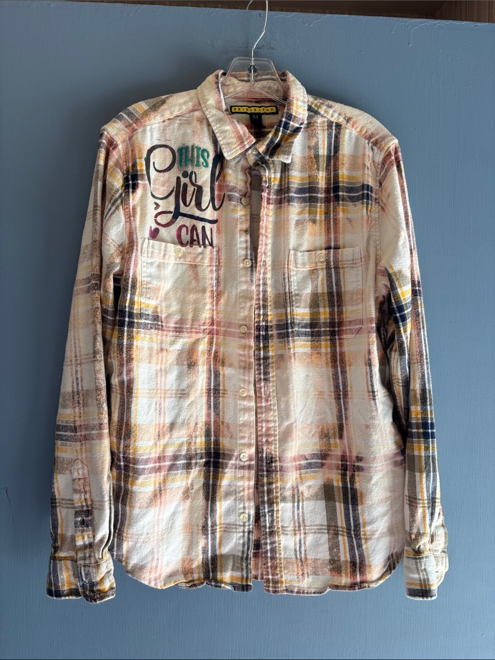 Bleached and painted reworked artist Prince & Fox Plaid Button-Down Shirt